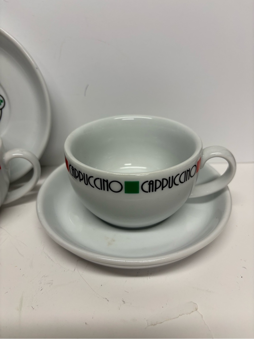 Cappuccino Espresso Cups with Saucers - White with Red & Green Accents Set of 3 - Picture 7 of 12